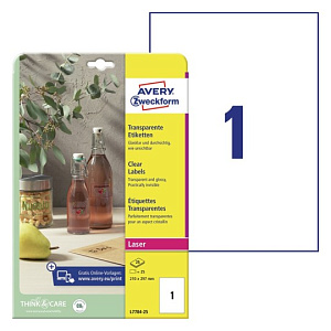 Наклейки прозрачные Avery Zweckform Crystal Clear, А4, 1 штука на листе, 25 листов